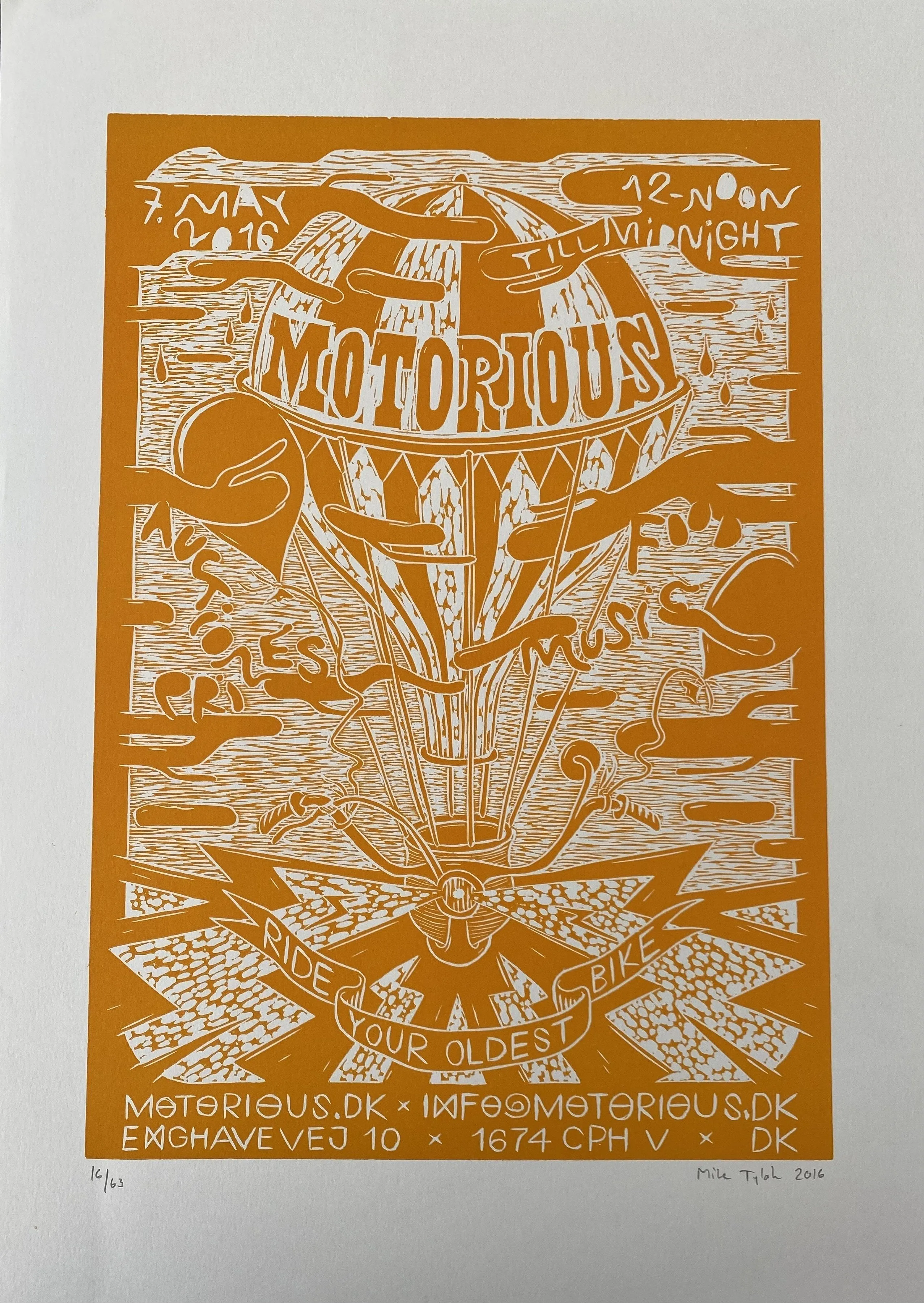 2016 Motorious lino-cut by Mike Tylak, A3 oversize, Yellow on White