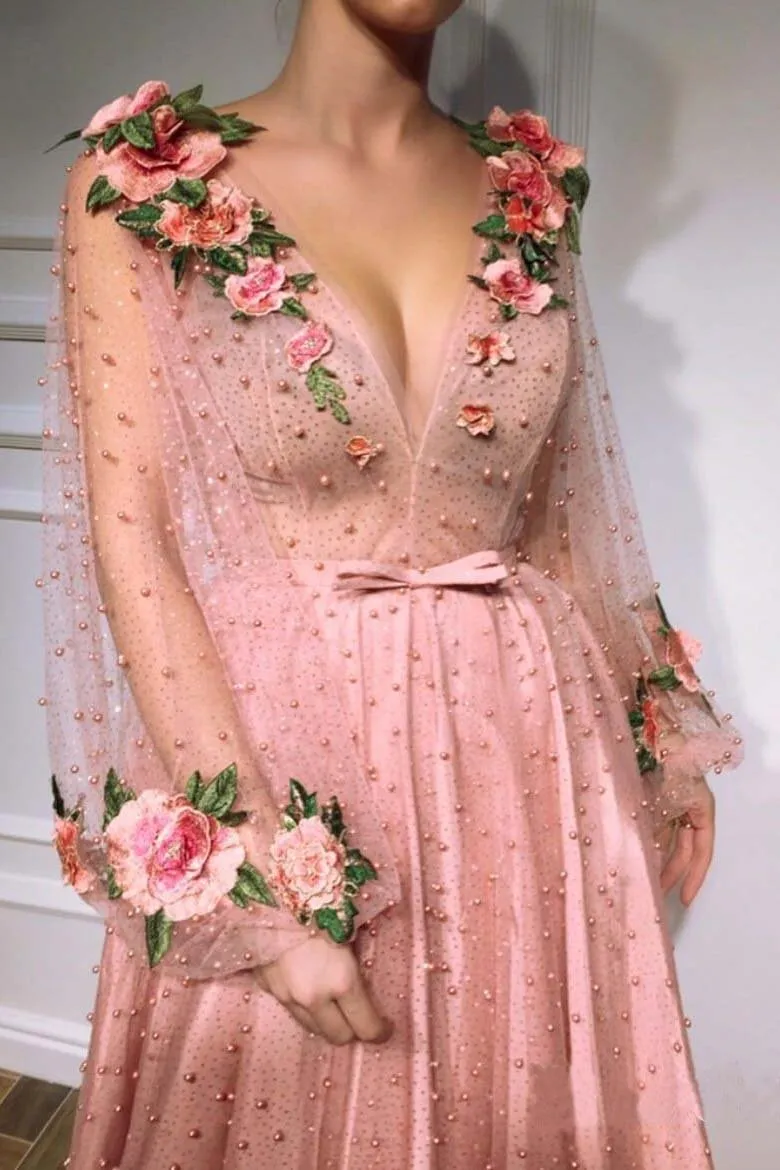 3D Floral Long Sleeve Pink Prom Dresses Pearl Beaded V Neck Formal Dresses uk JS377