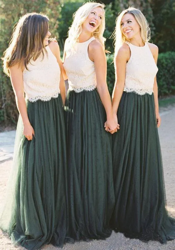 A Line Lace Bodice Green and White Tulle Long Round Neck Bridesmaid Dresses UK JS285