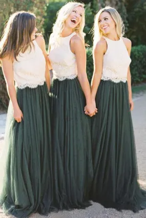 A Line Lace Bodice Green and White Tulle Long Round Neck Bridesmaid Dresses UK JS285