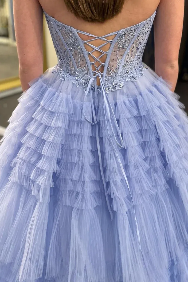 A-Line Ruffle Tiered Tulle Long Prom Dresses with Appliques,BD93316