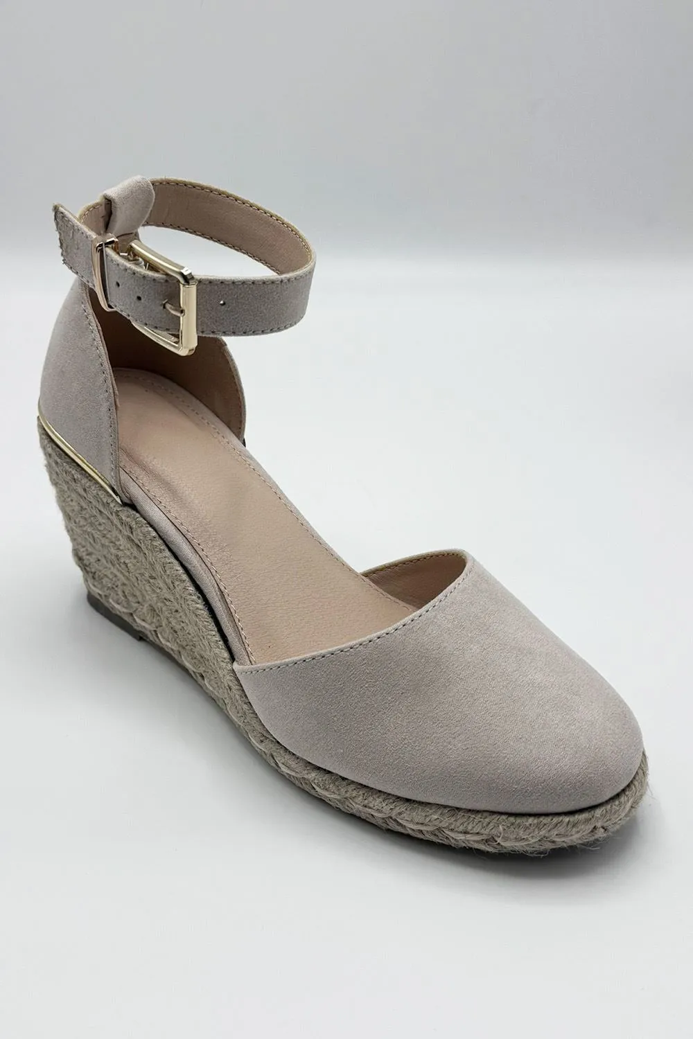 Adara Round Toe Espadrille Wedge with Anklestrap & Gold Buckle in Nude Suede