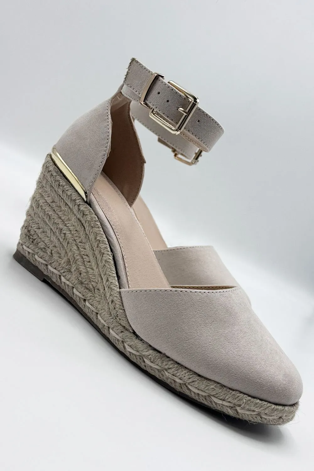 Adara Round Toe Espadrille Wedge with Anklestrap & Gold Buckle in Nude Suede