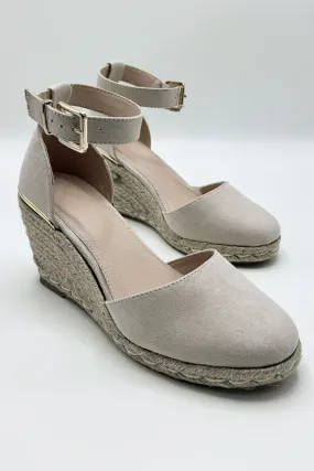 Adara Round Toe Espadrille Wedge with Anklestrap & Gold Buckle in Nude Suede