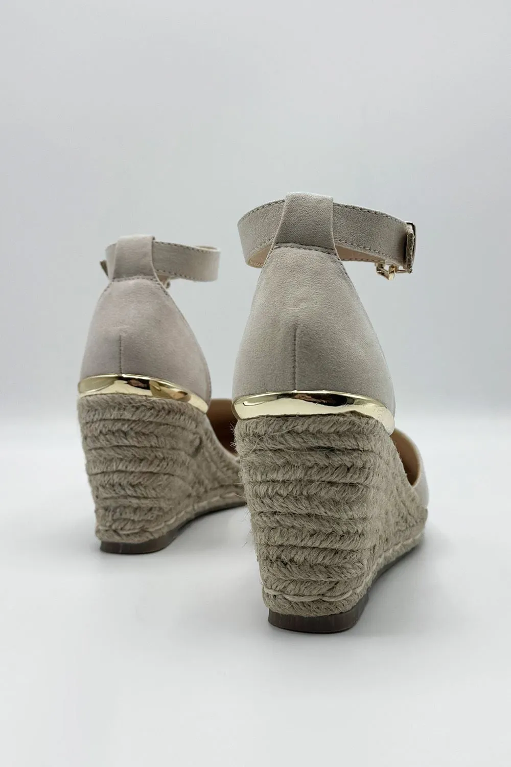 Adara Round Toe Espadrille Wedge with Anklestrap & Gold Buckle in Nude Suede