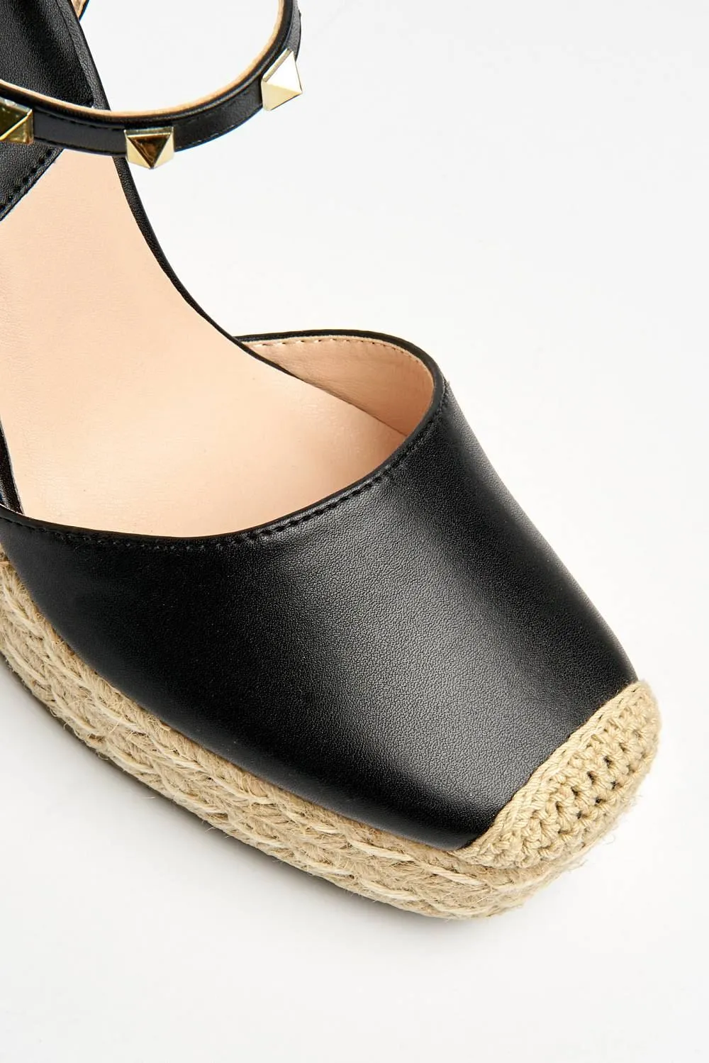 Alala Round Toe Studded Anklestrap Espadrille Wedge in Black