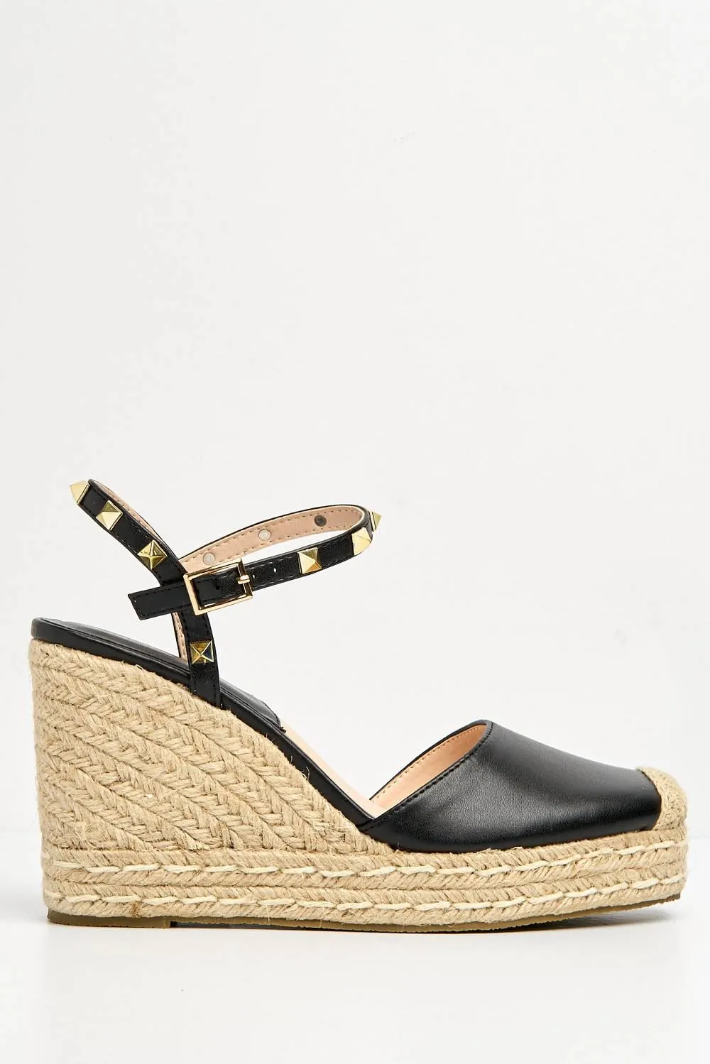 Alala Round Toe Studded Anklestrap Espadrille Wedge in Black