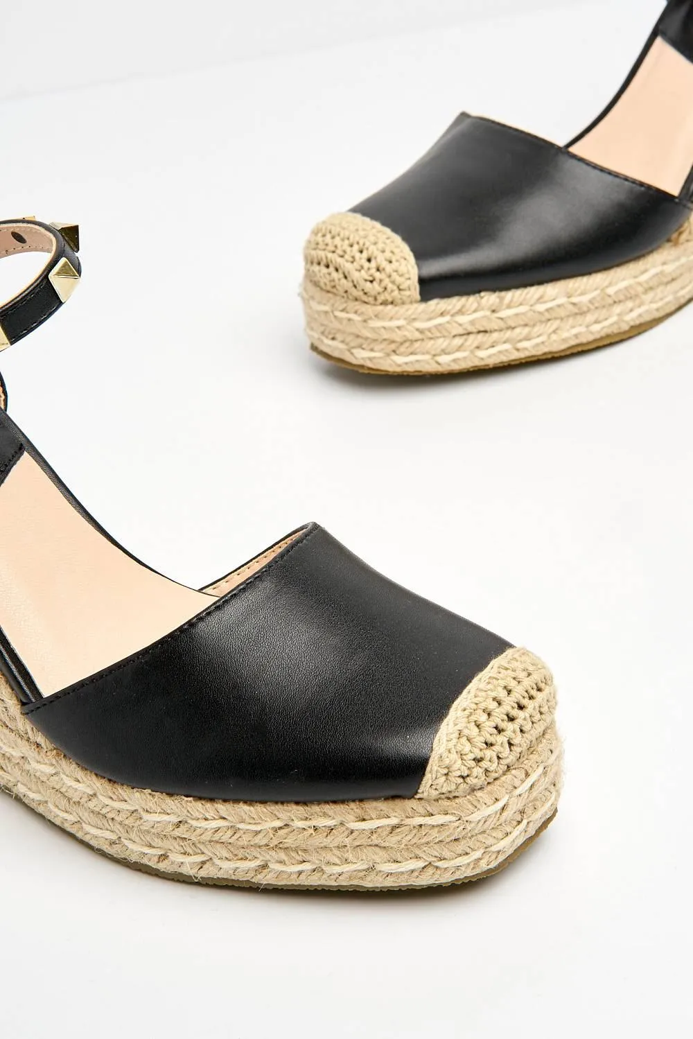 Alala Round Toe Studded Anklestrap Espadrille Wedge in Black