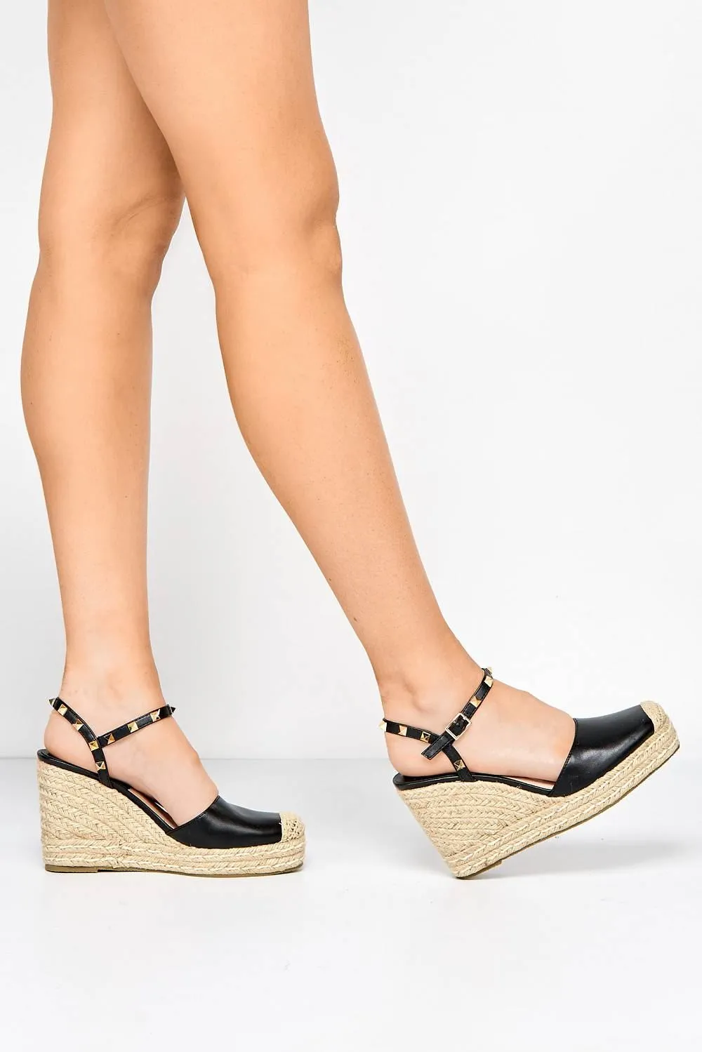 Alala Round Toe Studded Anklestrap Espadrille Wedge in Black