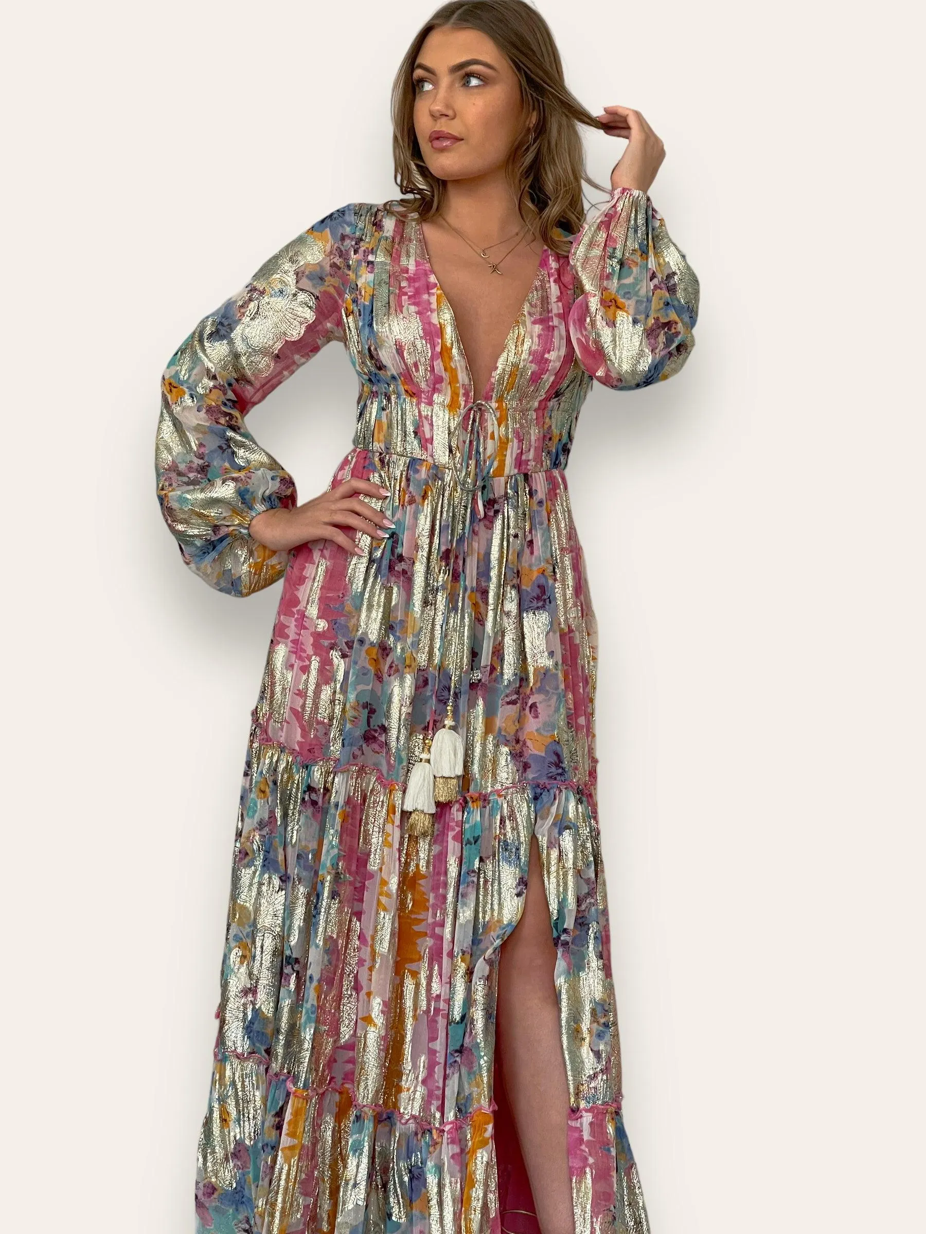 Aurora Lurex Print Maxi Dress