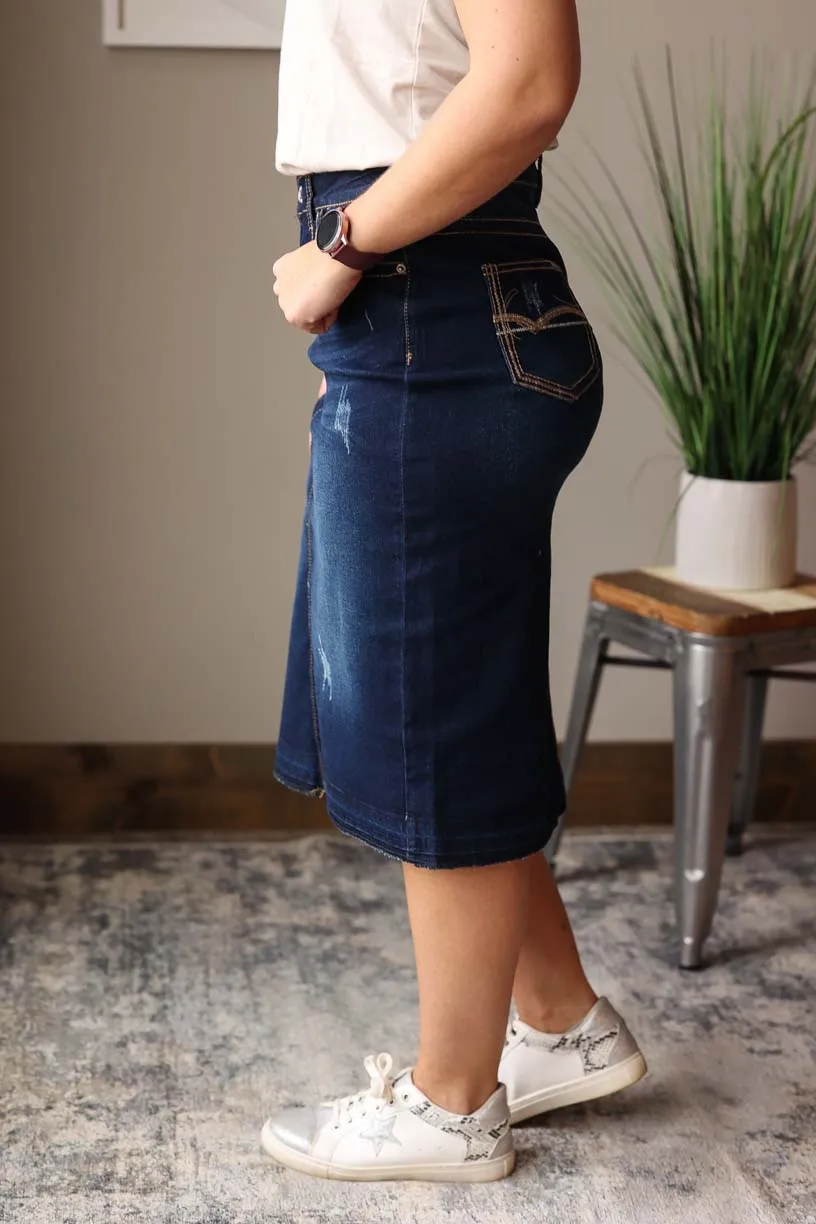 Brown Line Stitching Midi Denim Skirt