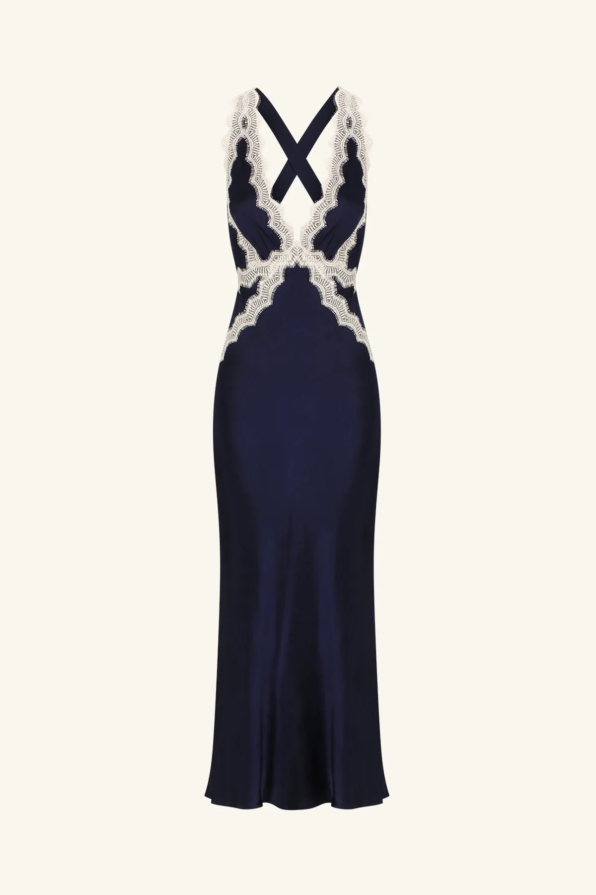 CAMILLE LACE CROSS BACK MIDI DRESS - DEEP MIDNIGHT/IVORY