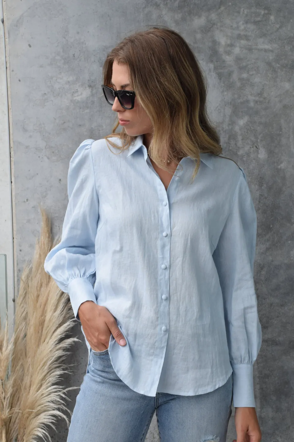 Champion Ice Blue Puff Sleeve Linen Shirt with Deep Cuff