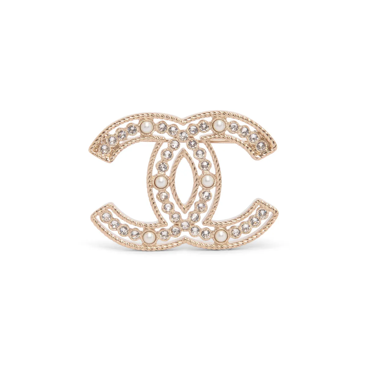 Chanel Light Gold Pearl & Crystal CC Brooch