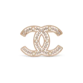 Chanel Light Gold Pearl & Crystal CC Brooch