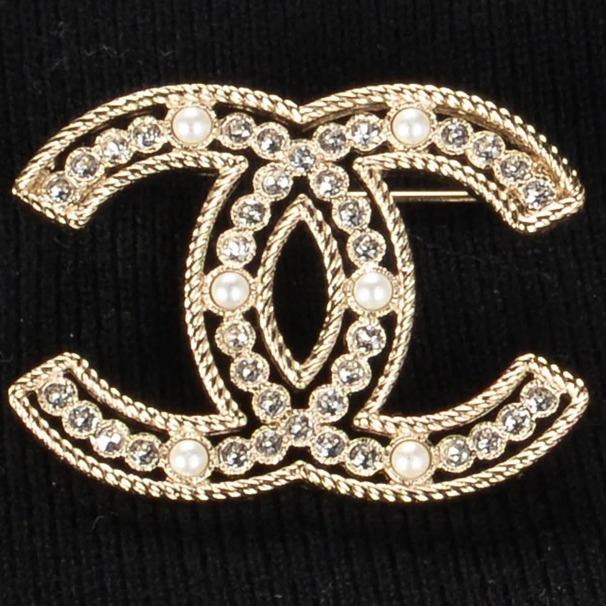 Chanel Light Gold Pearl & Crystal CC Brooch