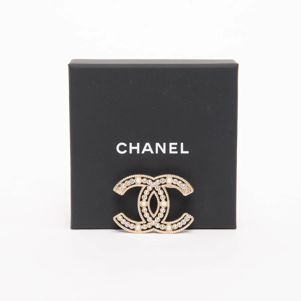 Chanel Light Gold Pearl & Crystal CC Brooch