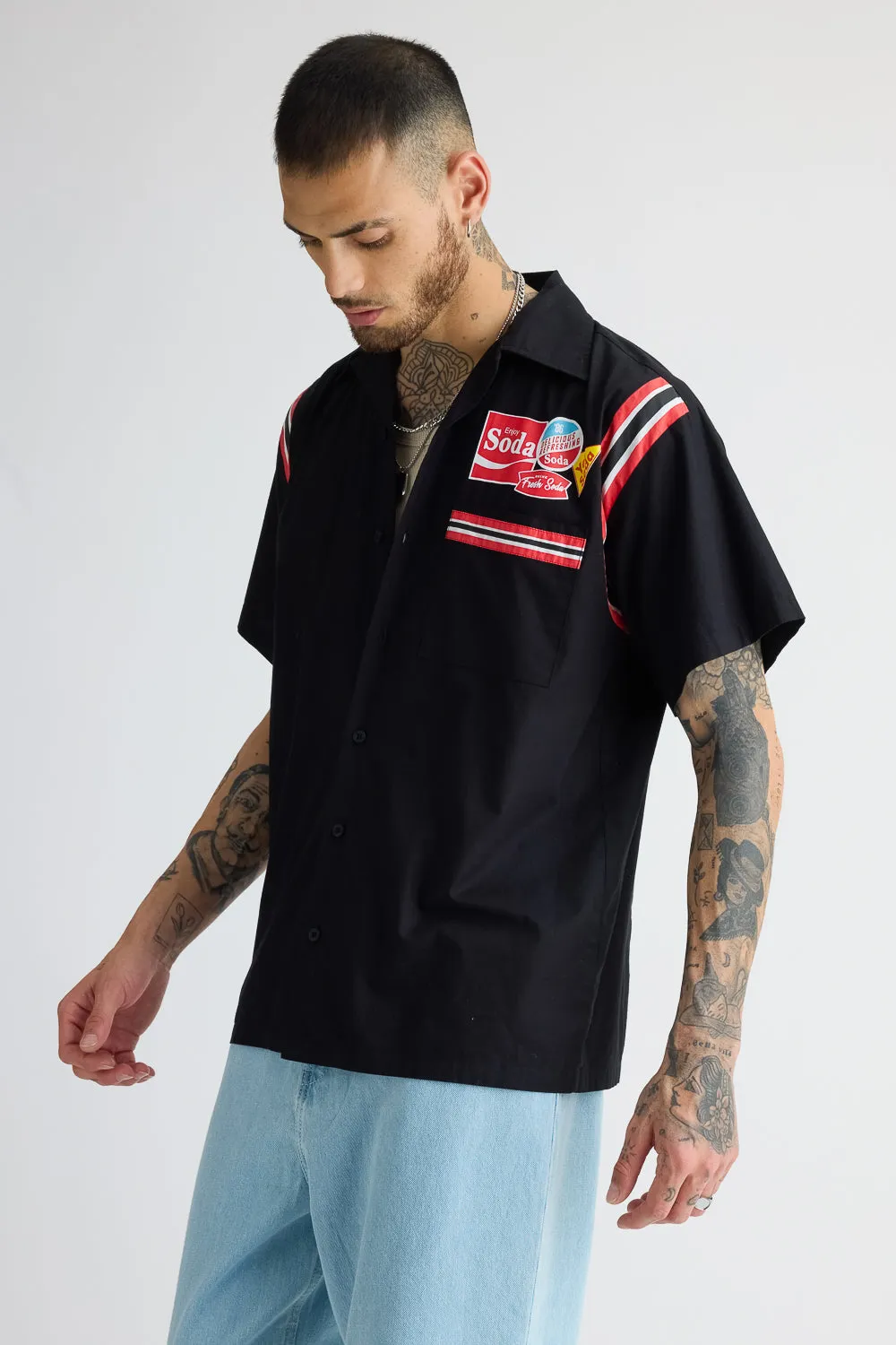 Cotton Poplin Garage Shirt - Black With Sleeve Stripes