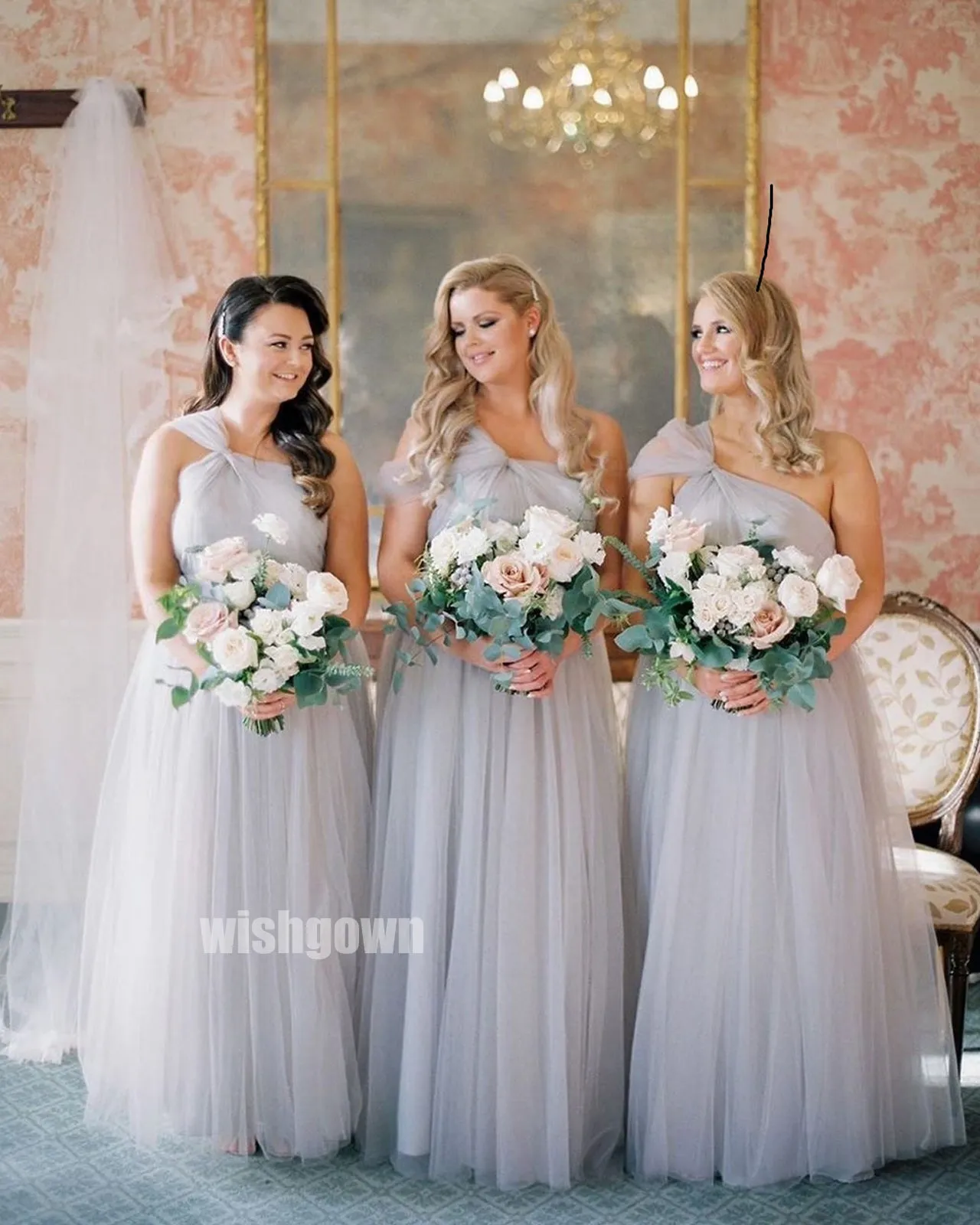 Elegant One-shoulder A-line Tulle Long Bridesmaid Dresses, YPS141