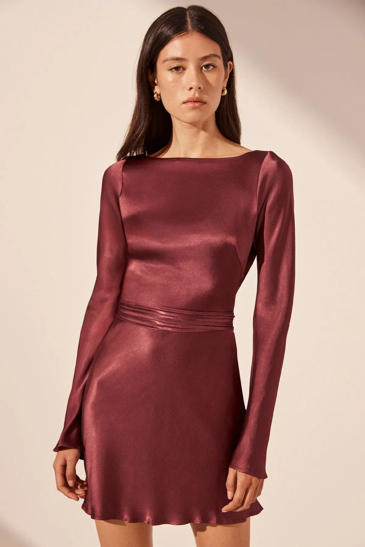 ELIA LONG SLEEVE OPEN BACK TIE MINI DRESS - SHIRAZ