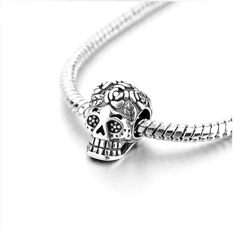 Flower Day of The Dead Skull Charm 925 Sterling Silver