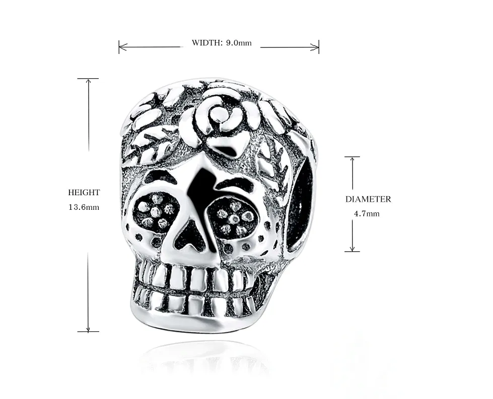 Flower Day of The Dead Skull Charm 925 Sterling Silver