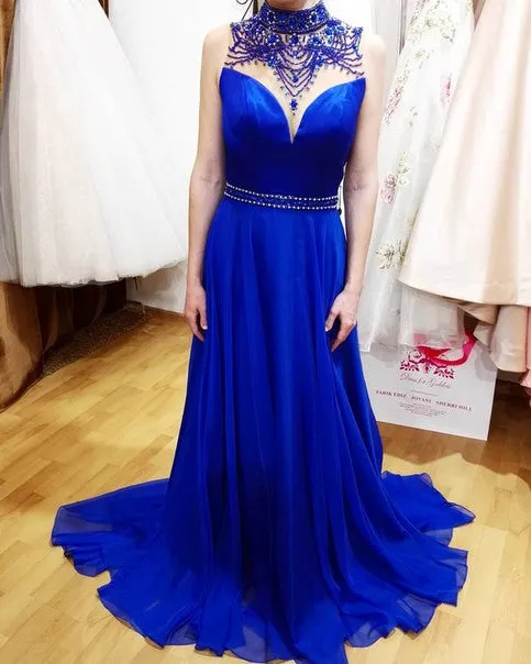 Gorgeous Beaded High Neck Roayl Blue Backless Long Prom Dress, WG576