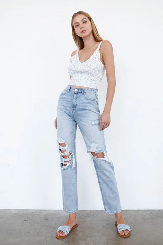 High Waist Ripped Loose Fit Jeans