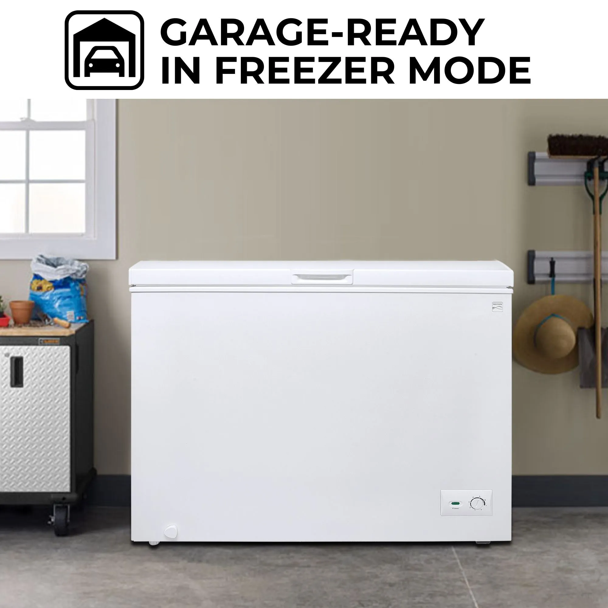 Kenmore 8.7 Cu. Ft. (246L) Garage-Ready Chest Freezer | Manual Defrost Deep Freeze | Balanced Hinge Stay-Open Lid | Storage Basket | External Thermostat Dial | White | Basement Garage Shed Cottage