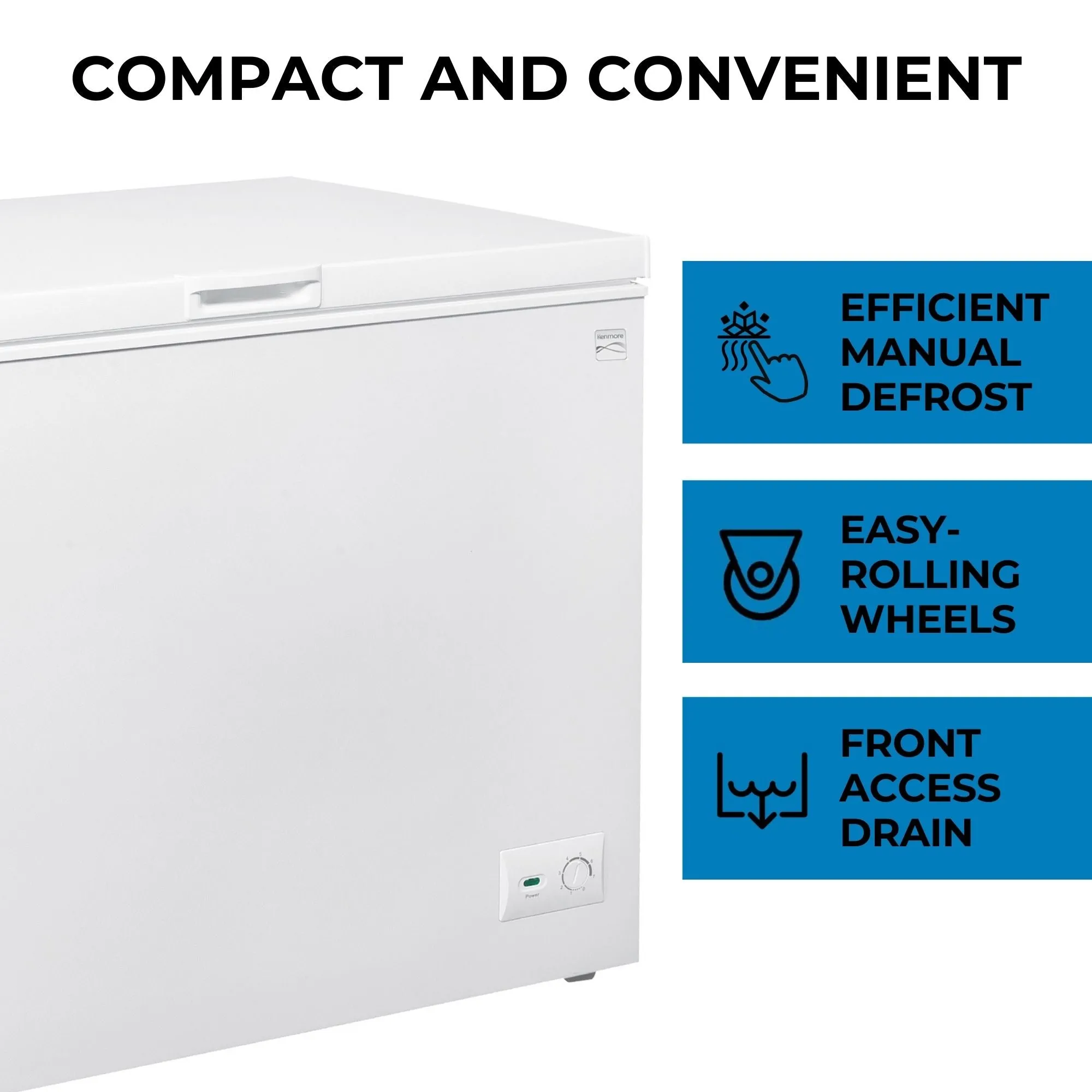 Kenmore 8.7 Cu. Ft. (246L) Garage-Ready Chest Freezer | Manual Defrost Deep Freeze | Balanced Hinge Stay-Open Lid | Storage Basket | External Thermostat Dial | White | Basement Garage Shed Cottage