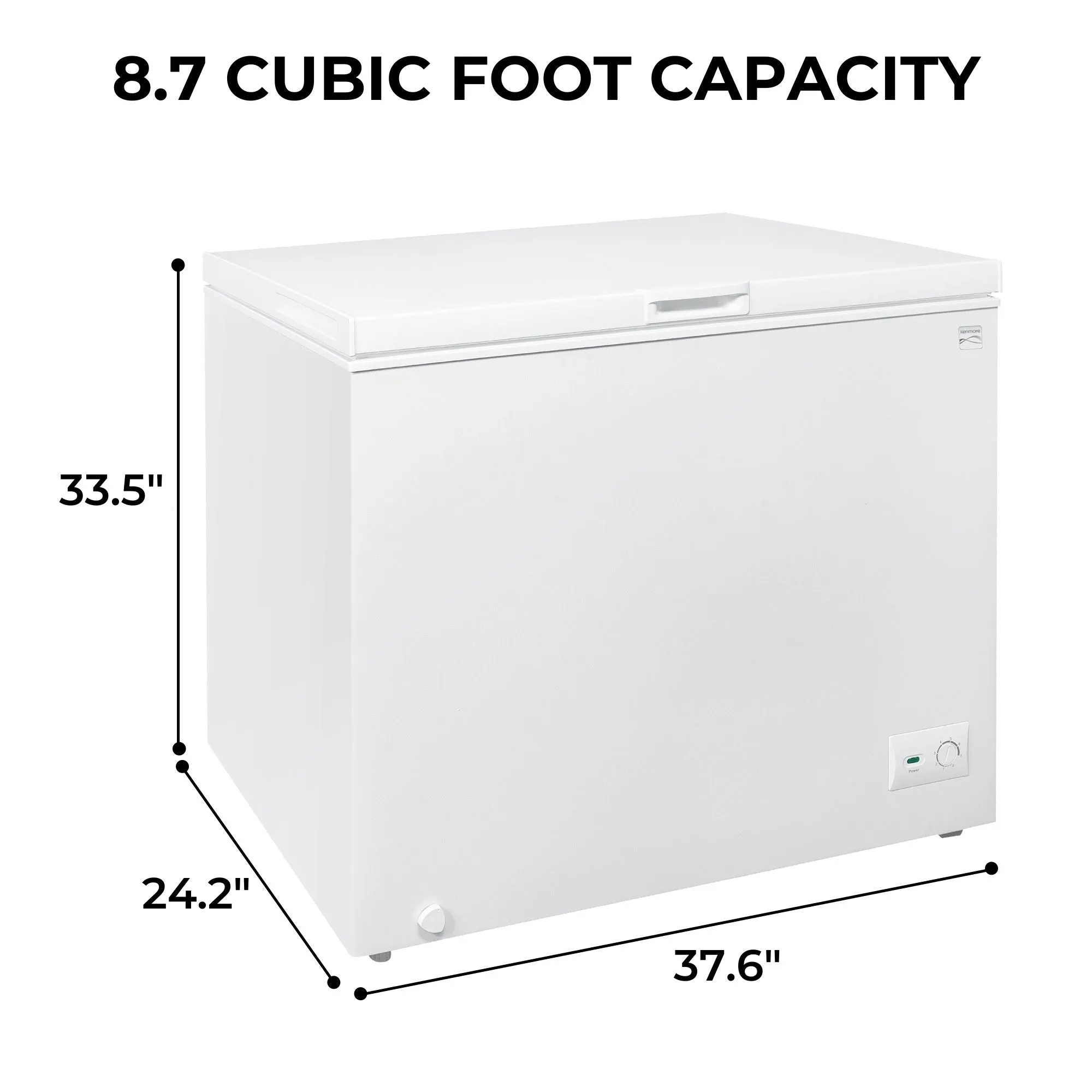 Kenmore 8.7 Cu. Ft. (246L) Garage-Ready Chest Freezer | Manual Defrost Deep Freeze | Balanced Hinge Stay-Open Lid | Storage Basket | External Thermostat Dial | White | Basement Garage Shed Cottage