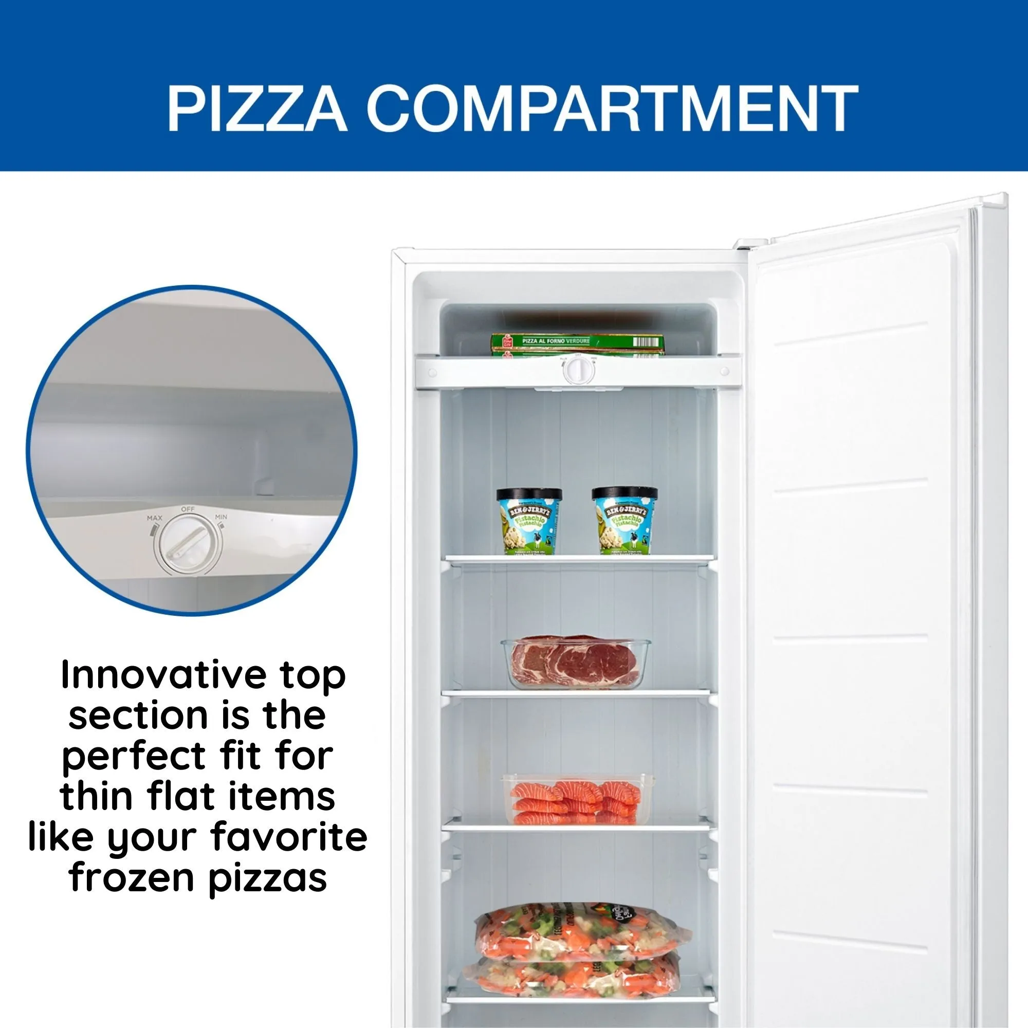 Koolatron Garage-Ready Upright Freezer, 7.0 cu ft (198L), White, Low-Frost, Space-Saving Flat Back, Tempered Glass Shelves, Reversible Door, Pizza Compartment, for Garage, Shed, Basement, Cottage