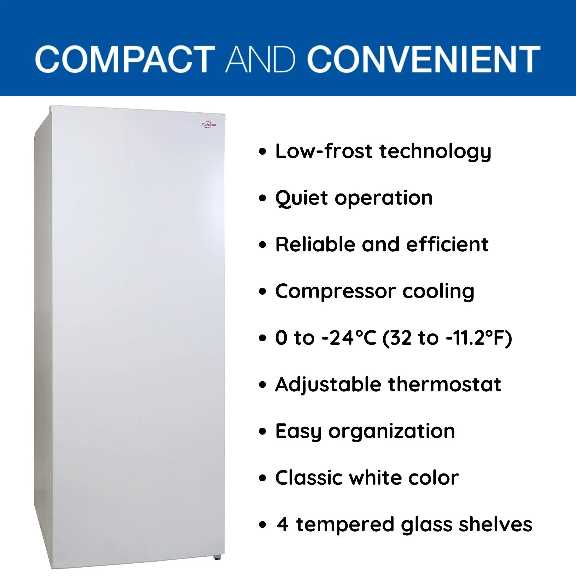 Koolatron Garage-Ready Upright Freezer, 7.0 cu ft (198L), White, Low-Frost, Space-Saving Flat Back, Tempered Glass Shelves, Reversible Door, Pizza Compartment, for Garage, Shed, Basement, Cottage