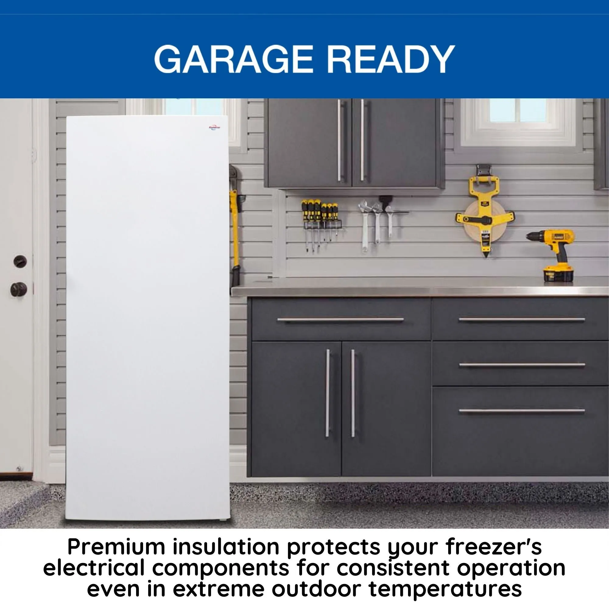 Koolatron Garage-Ready Upright Freezer, 7.0 cu ft (198L), White, Low-Frost, Space-Saving Flat Back, Tempered Glass Shelves, Reversible Door, Pizza Compartment, for Garage, Shed, Basement, Cottage