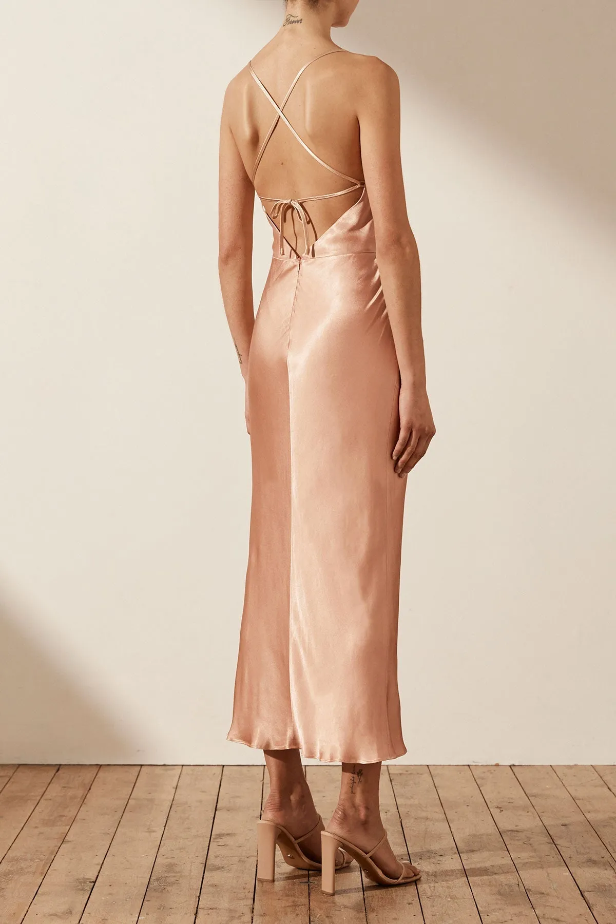 LA LUNE ASYMMETRICAL BIAS COWL MIDI DRESS - DESERT ROSE