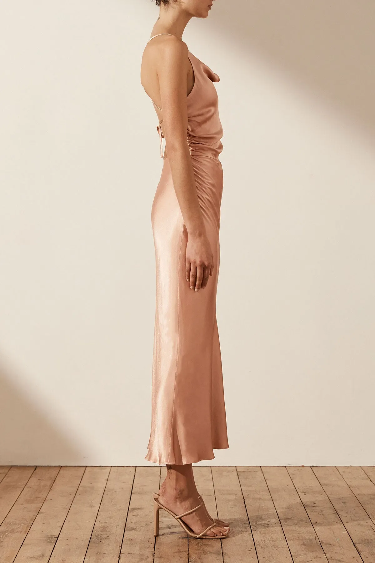 LA LUNE ASYMMETRICAL BIAS COWL MIDI DRESS - DESERT ROSE