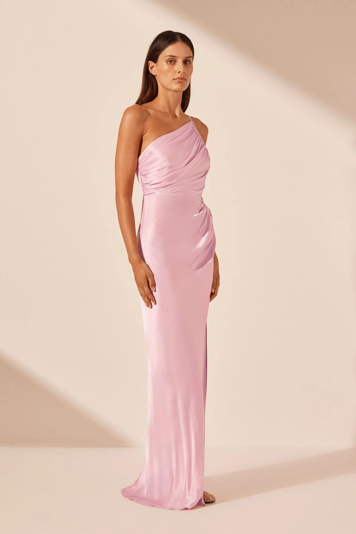 LA LUNE ASYMMETRICAL GATHERED MAXI DRESS - PEONY