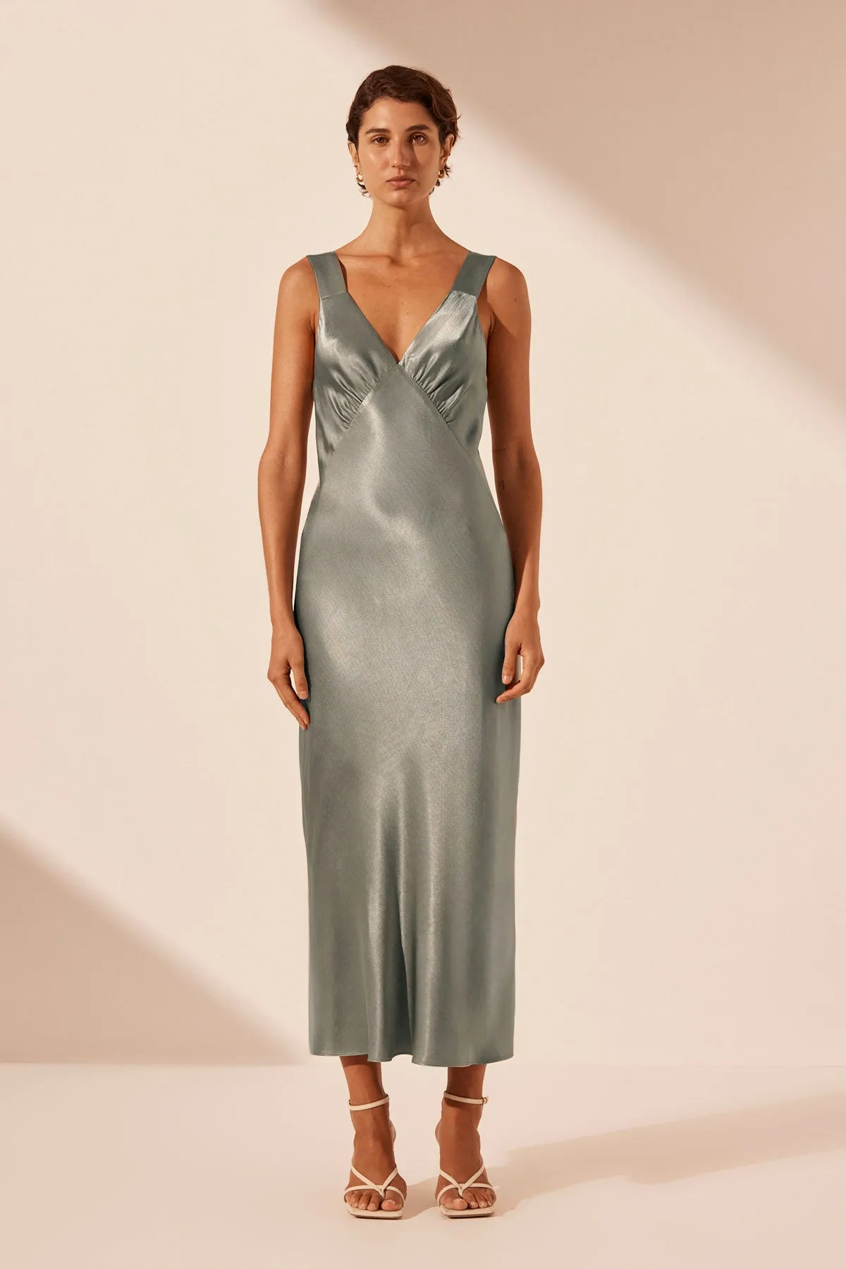 LA LUNE PLUNGED MIDI DRESS - SAGE