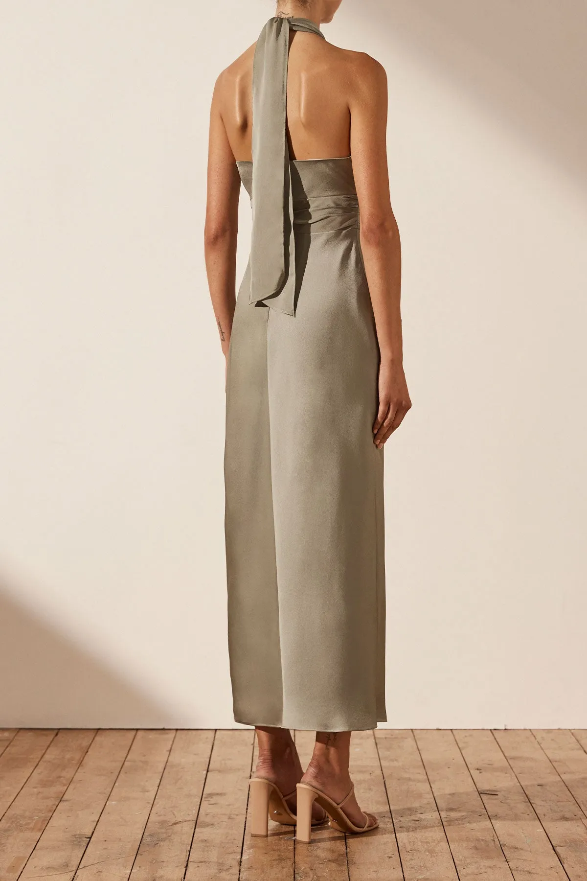 LUXE GATHERED HALTER MIDI DRESS - EUCALYPTUS