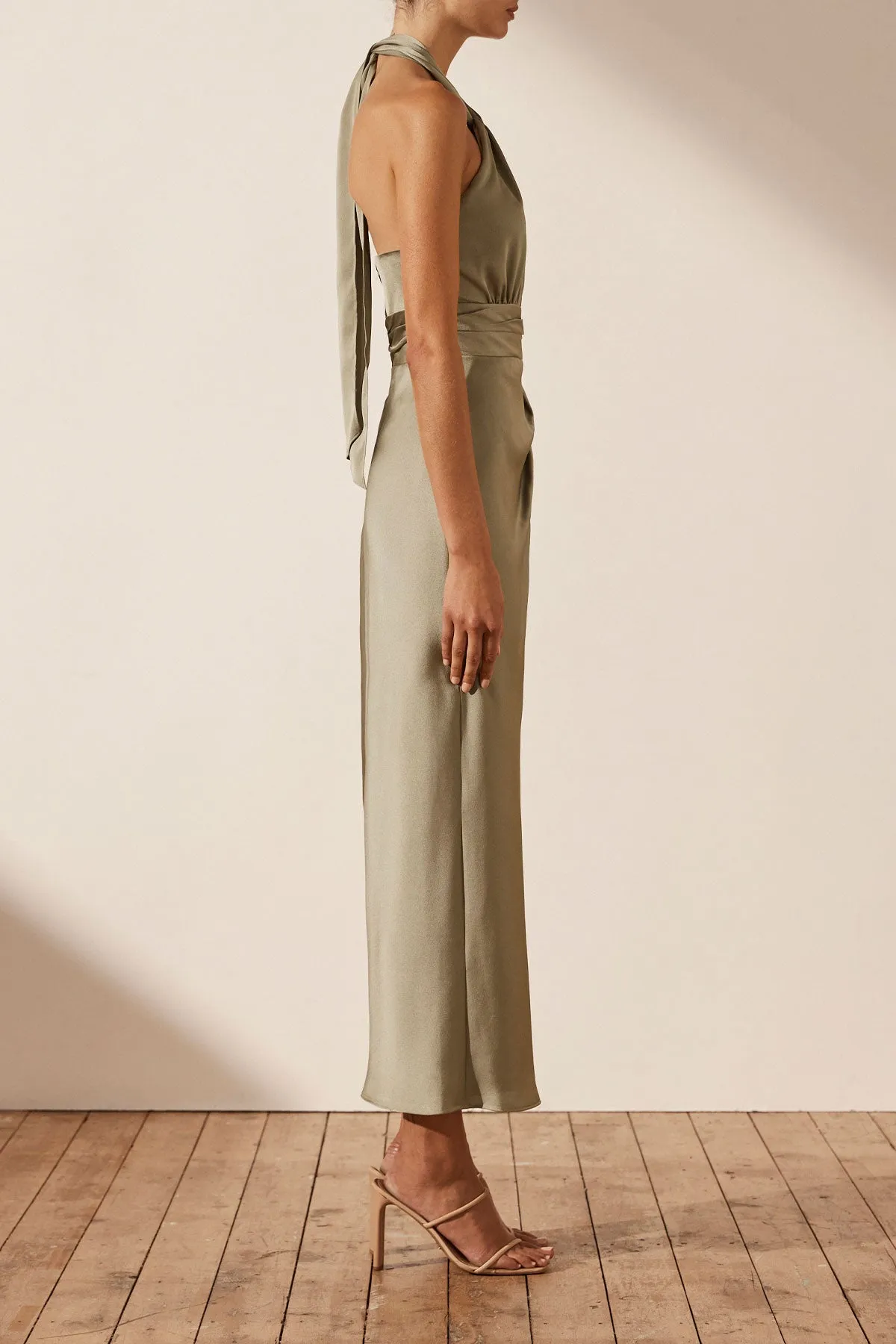 LUXE GATHERED HALTER MIDI DRESS - EUCALYPTUS