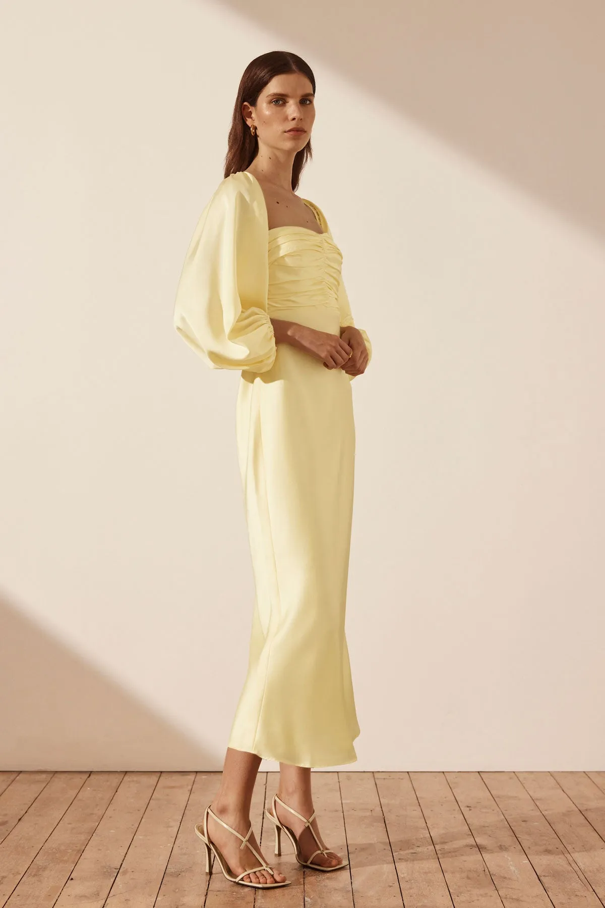 LUXE RUCHED BODICE LONG SLEEVE MIDI DRESS - LEMON