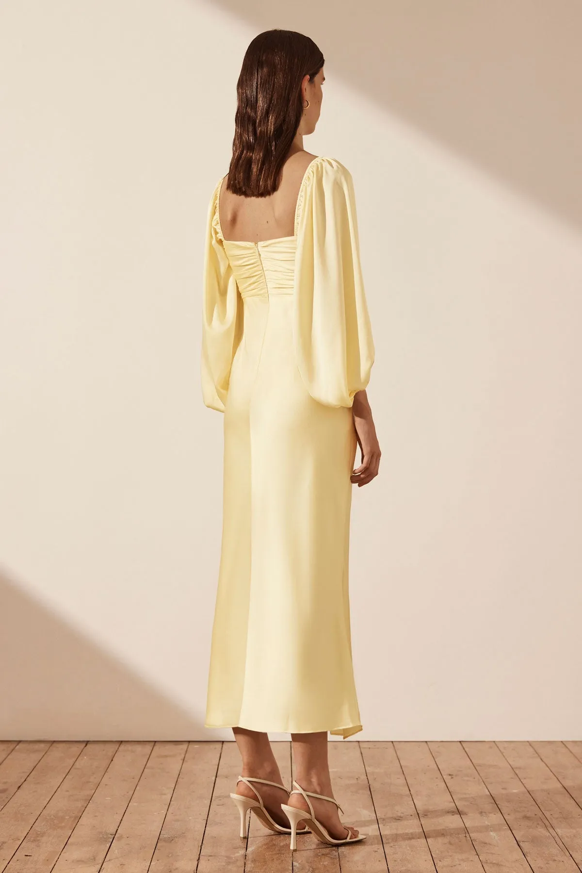 LUXE RUCHED BODICE LONG SLEEVE MIDI DRESS - LEMON