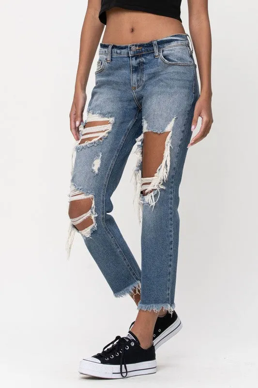 Mid Rise Destroyed Slim Boyfriend Jeans