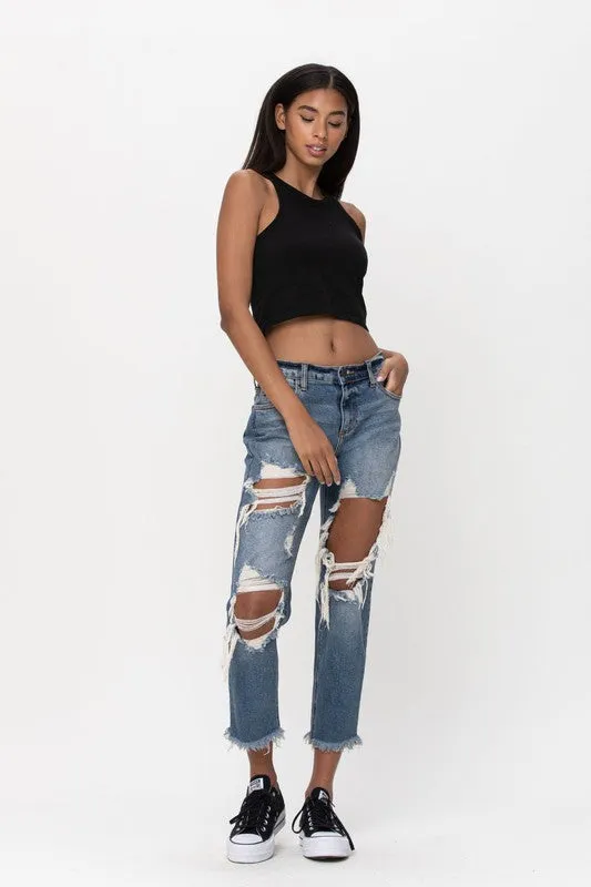 Mid Rise Destroyed Slim Boyfriend Jeans