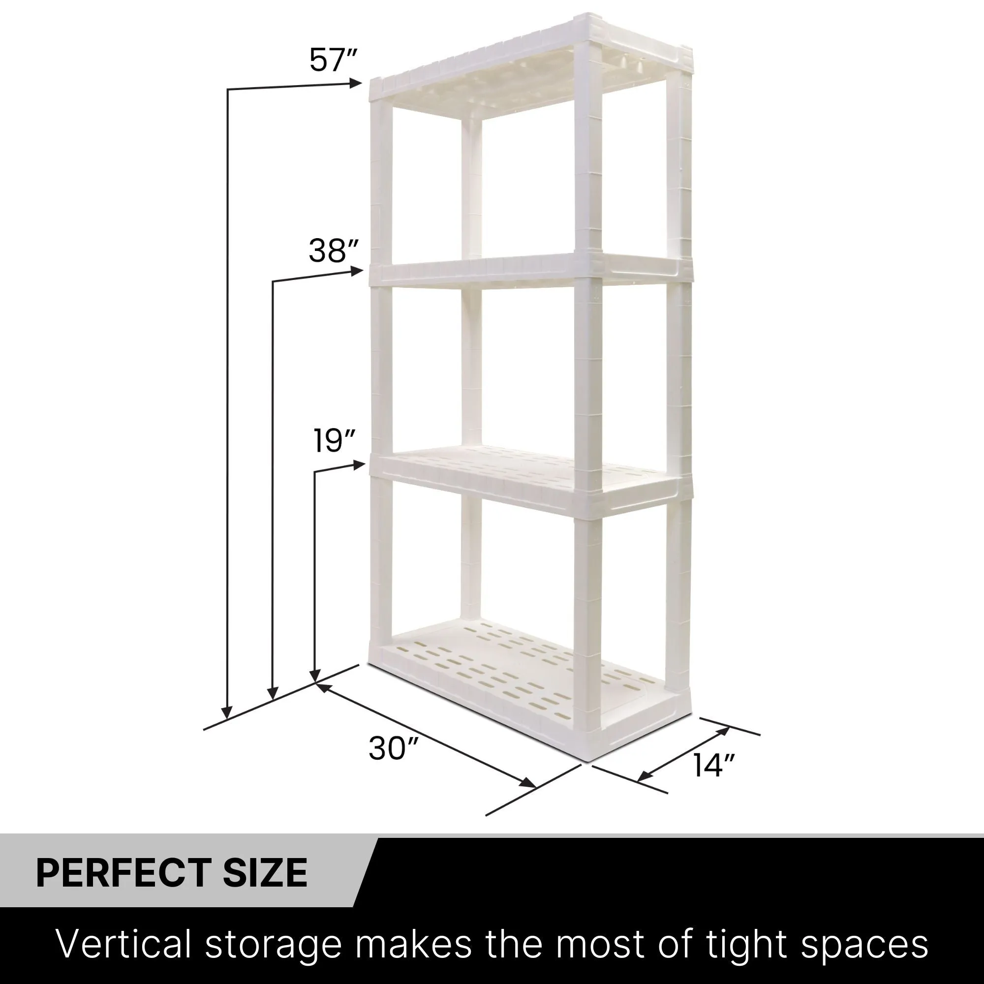 Oskar 4-Tier Storage Shelf, Holds 400 lbs (180 kg), W30 x D14 x H56, Multipurpose Organizer for Garage, Basement, Utility Shed, Workshop, Tool-Free Assembly, Made in North America, White