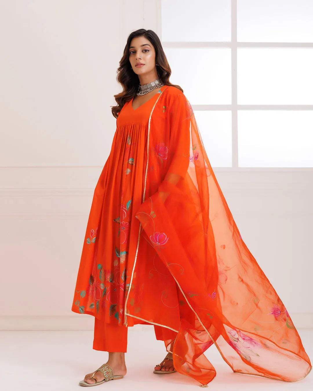 Rangreza Orange HandPainted Gathered Suit Set - Set of 3