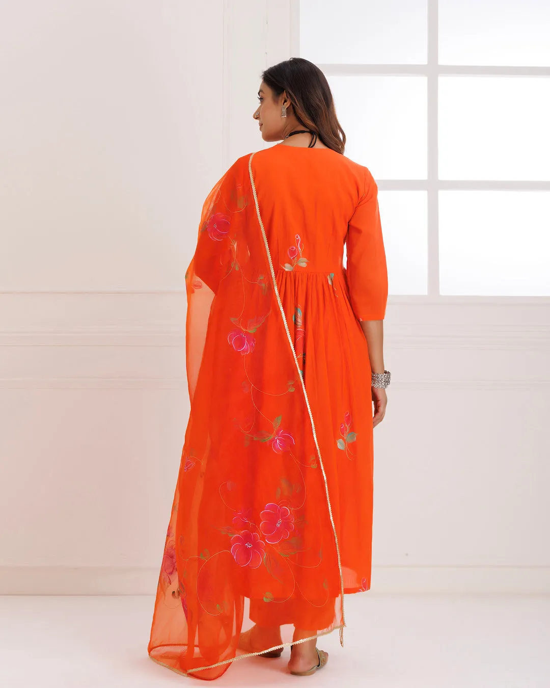 Rangreza Orange HandPainted Gathered Suit Set - Set of 3