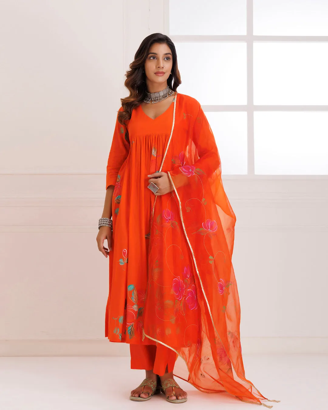 Rangreza Orange HandPainted Gathered Suit Set - Set of 3