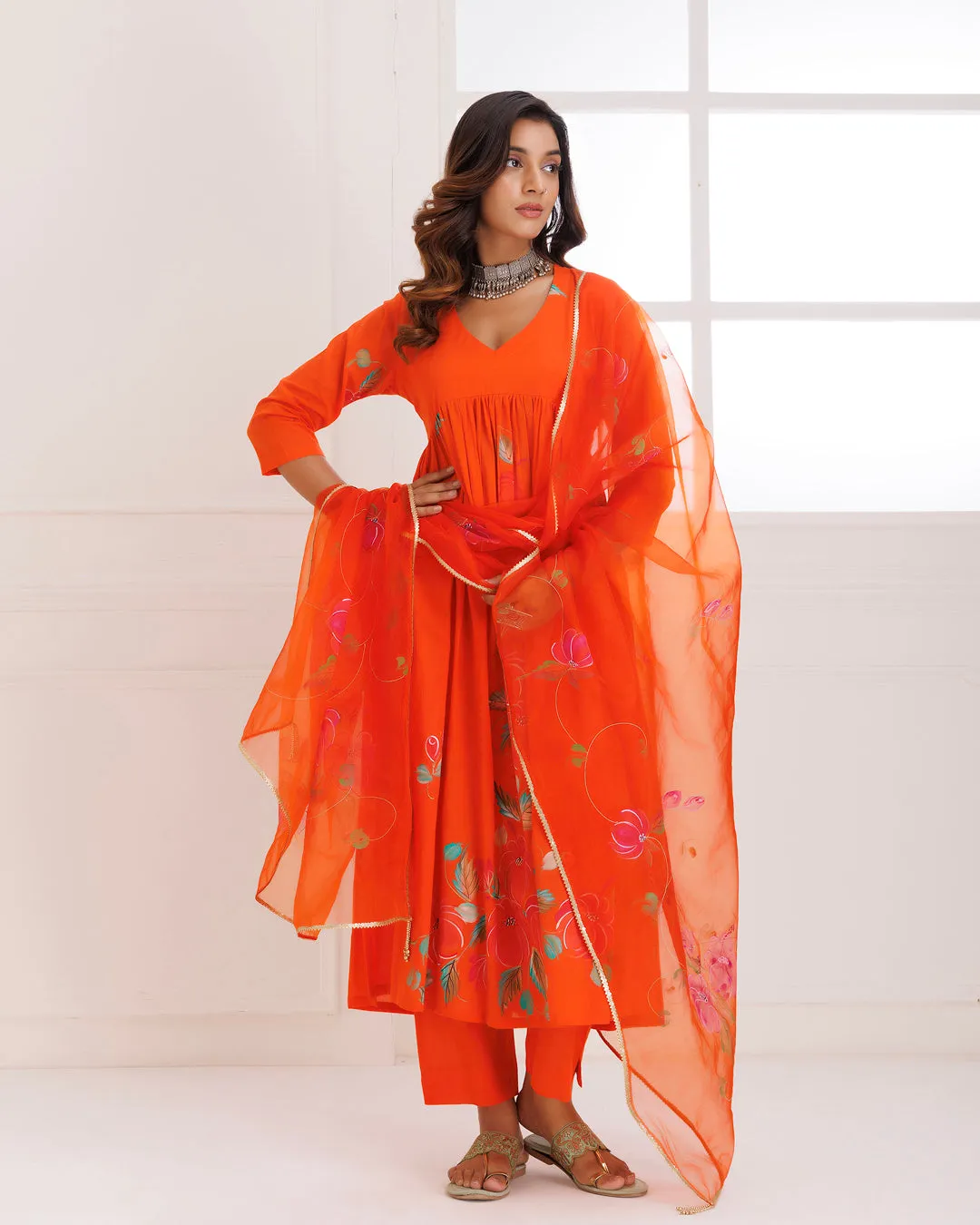 Rangreza Orange HandPainted Gathered Suit Set - Set of 3