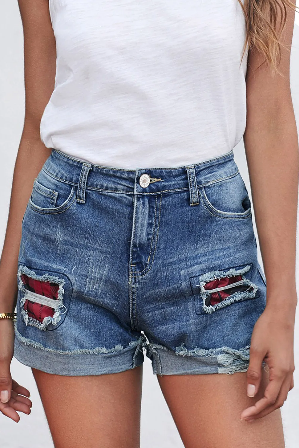 Ripped Patchwork Hem Denim Shorts for Women